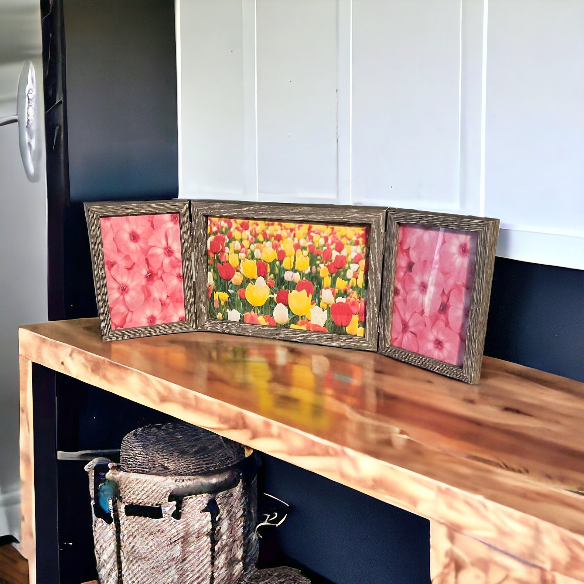 Gray, rustic trifold picture frame